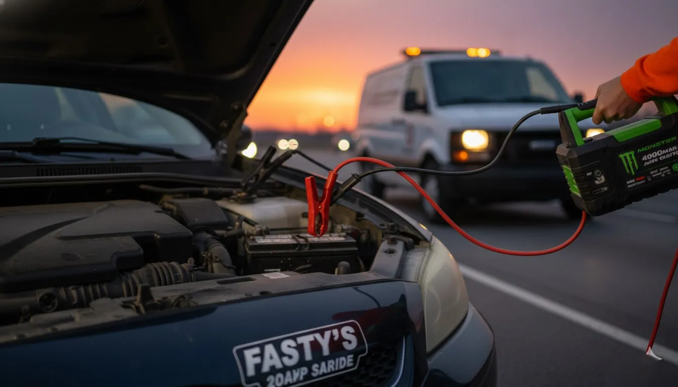 Emergency car battery jump start service provided by Fasty's Roadside in the intense Tucson heat